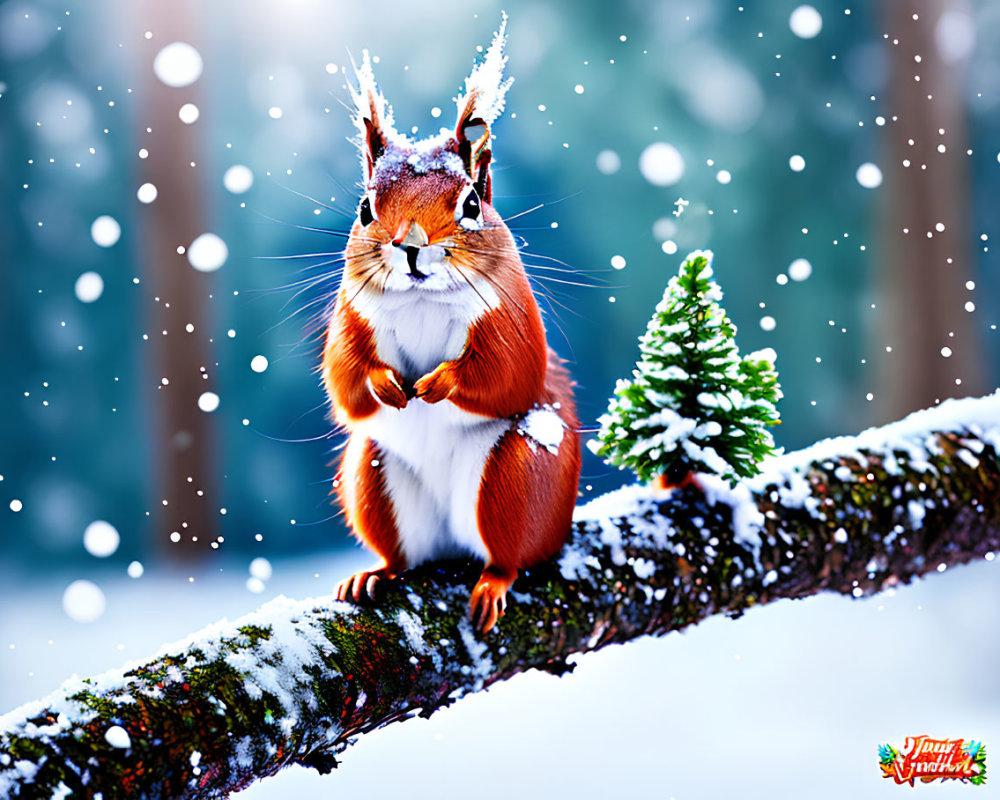 Red squirrel on snow-covered branch with pine tree in wintry forest.