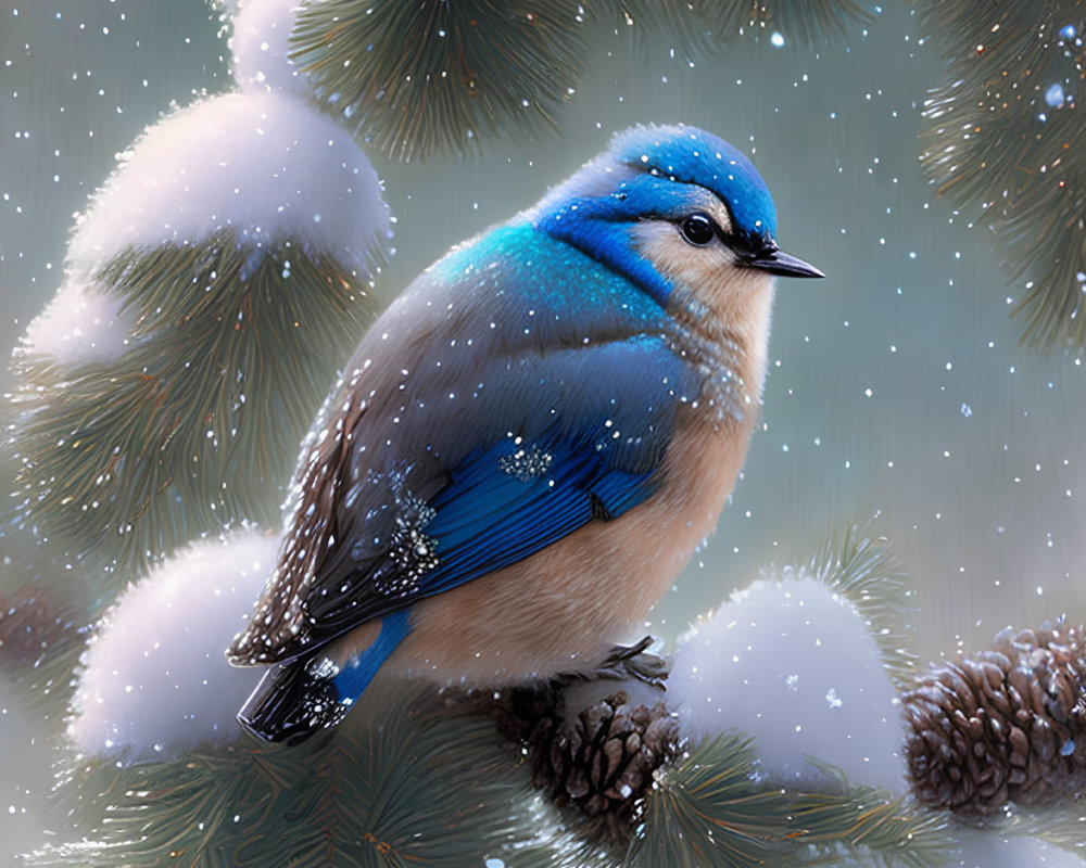 Blue jay on snowy pine branch with falling snowflakes