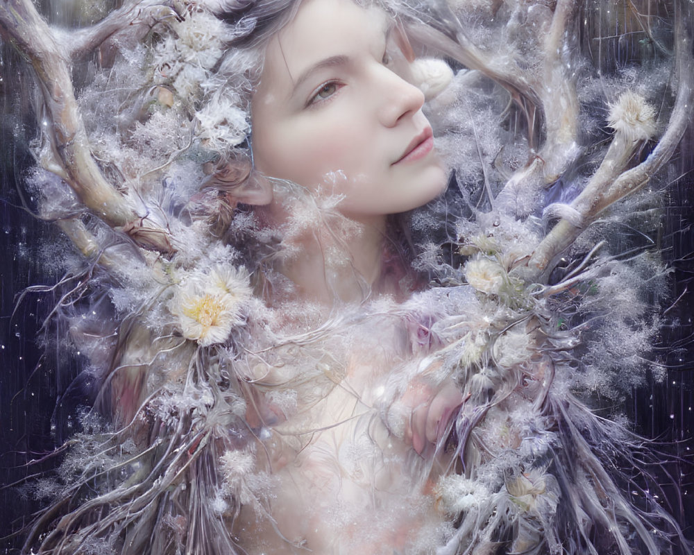 Pale-skinned woman in ethereal fantasy artwork with frost-covered branches and soft florals