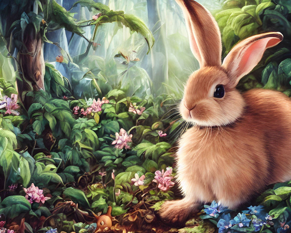 Serene rabbit in lush forest with vibrant flowers