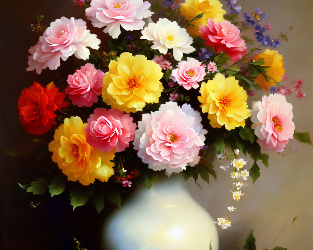 Colorful floral arrangement with roses and small flowers in white vase