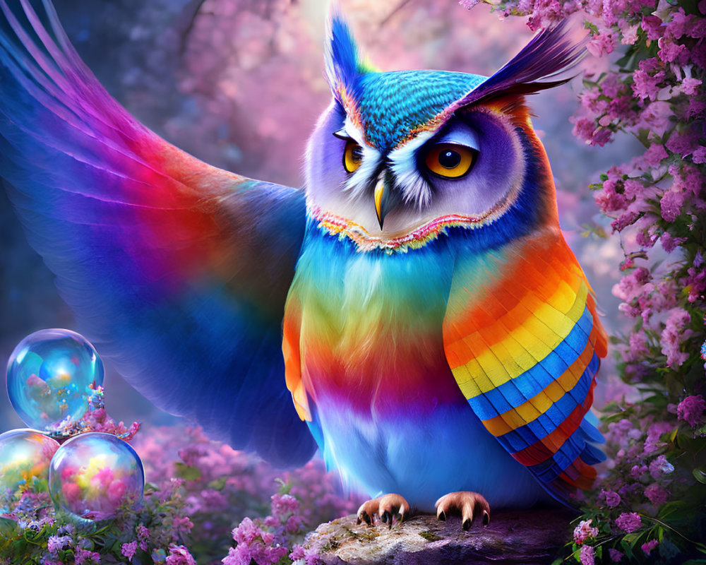 Colorful Fantastical Owl Illustration Among Pink Blossoms and Bubbles