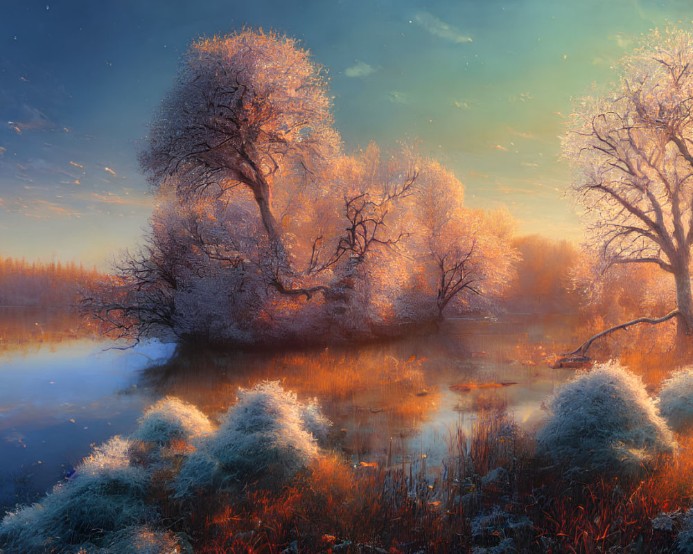 Tranquil frost-covered trees by calm lake at sunrise or sunset