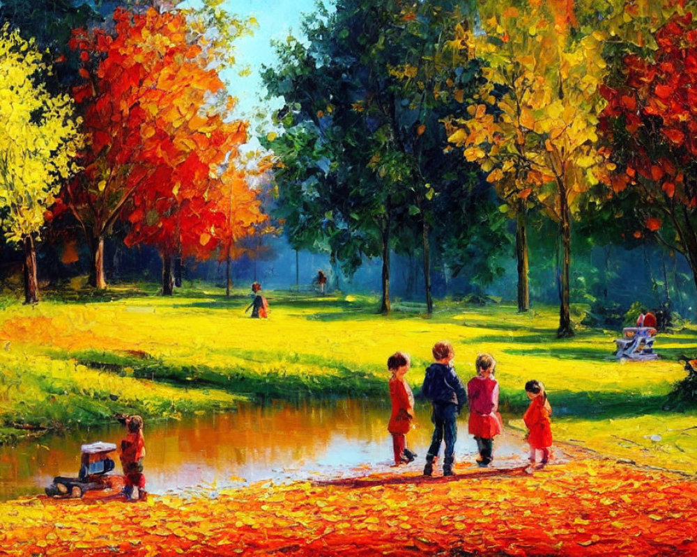 Colorful painting of children playing in autumn park by water