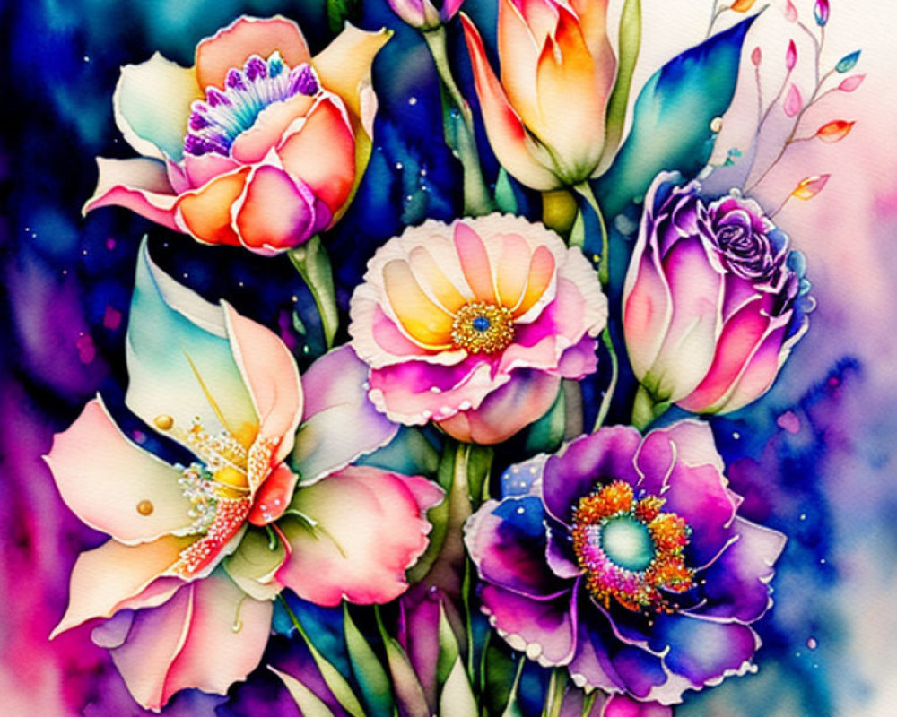 Colorful Watercolor Flower Bouquet on Dreamy Background