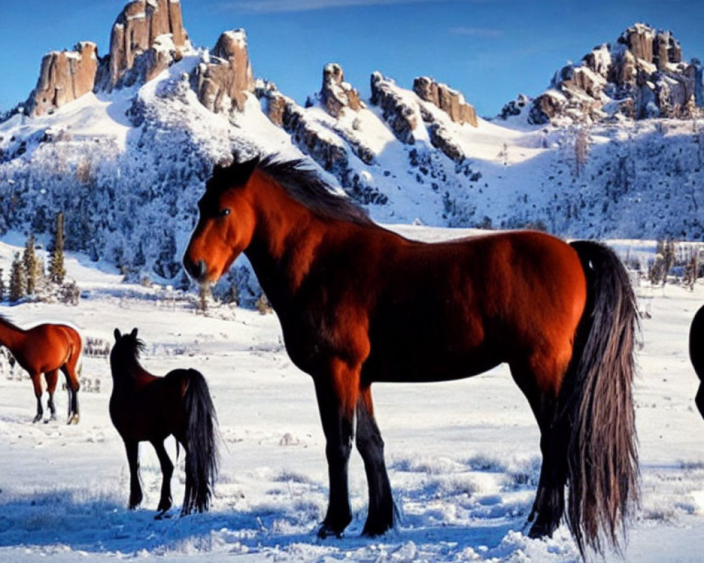 Snow-covered field with horses and rocky peaks under blue sky