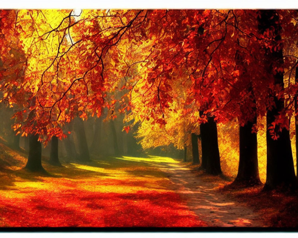 Sunlit Pathway Through Vibrant Autumn Forest with Red and Orange Canopy