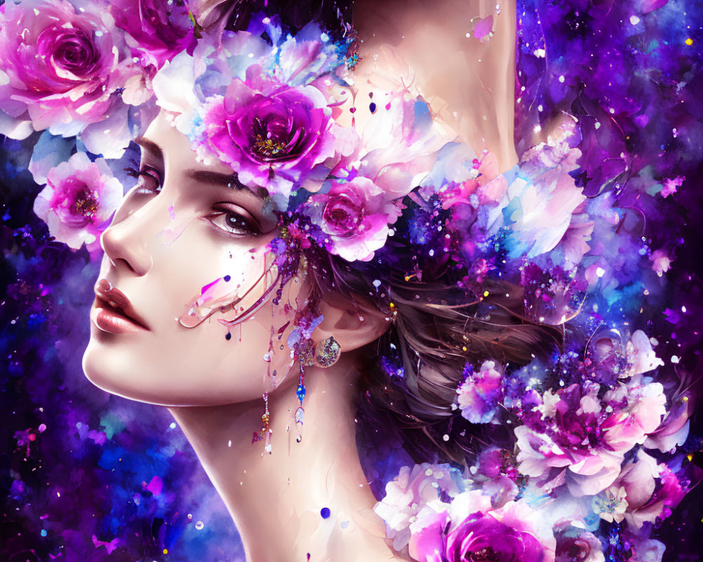 Woman's Face Art with Cascading Hair, Pink Roses, Cosmic Stars