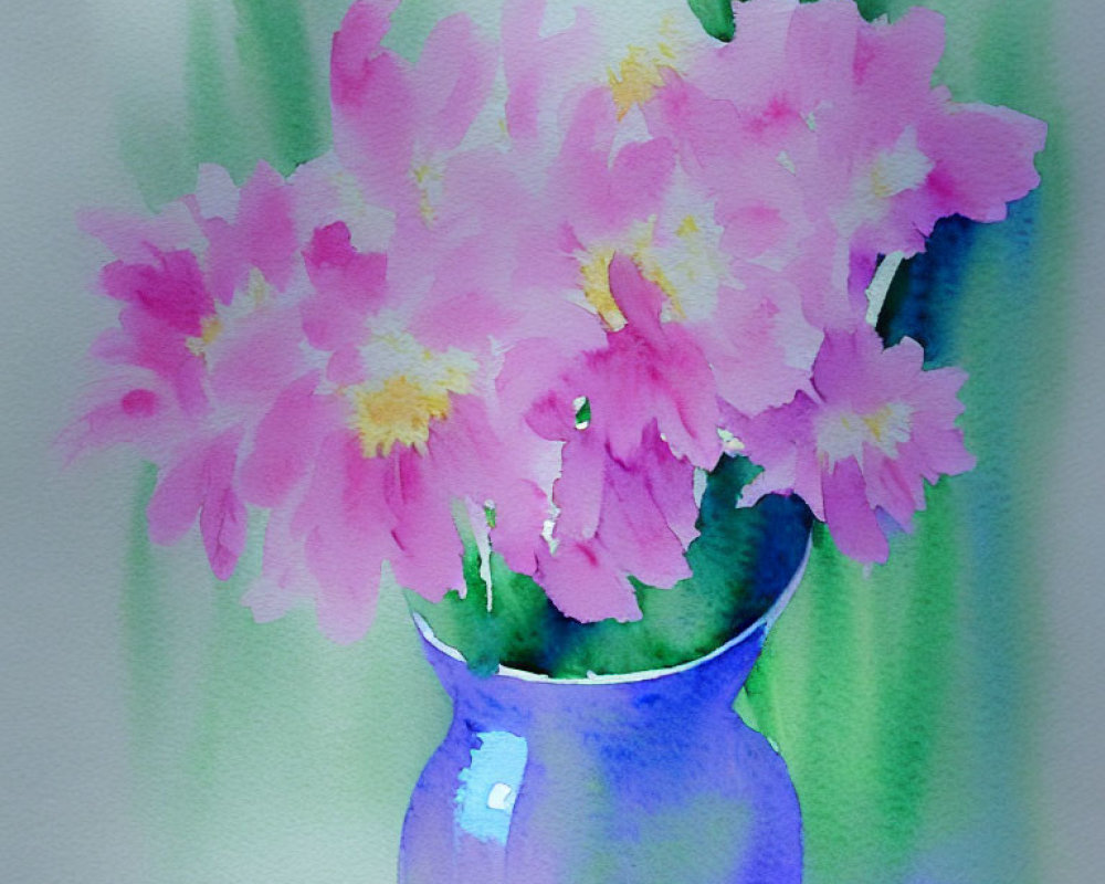 Pink Flowers in Blue Vase Watercolor Painting with Green Background