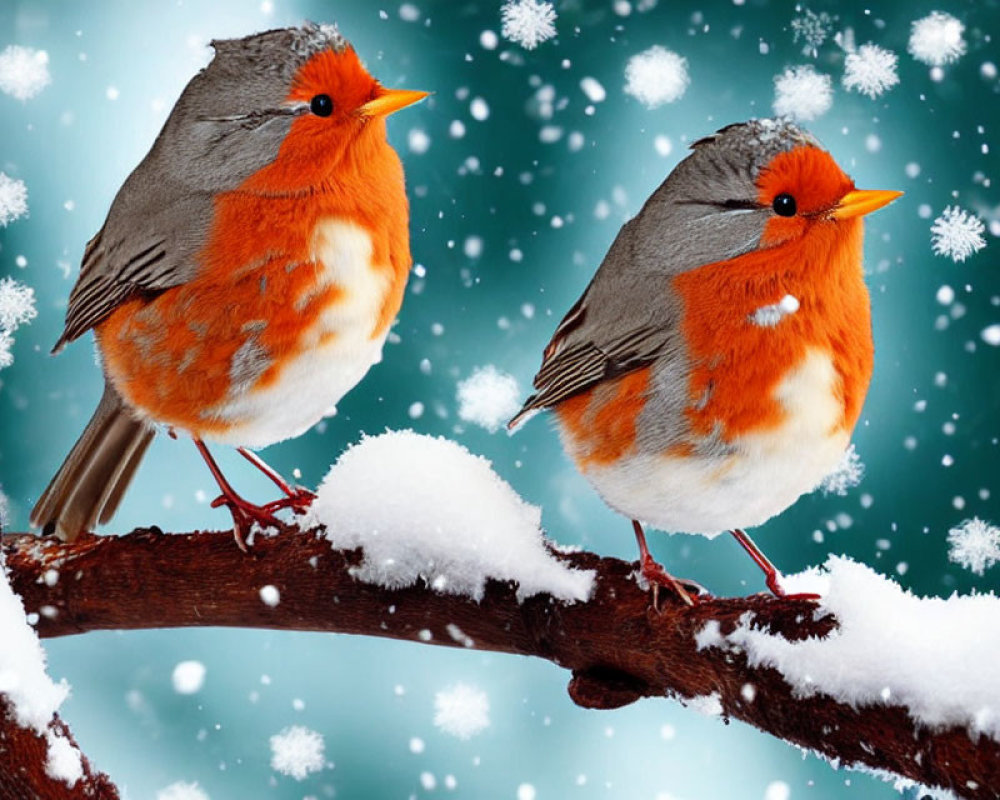 Two robins on snowy branch with falling snowflakes and icy blue bokeh.