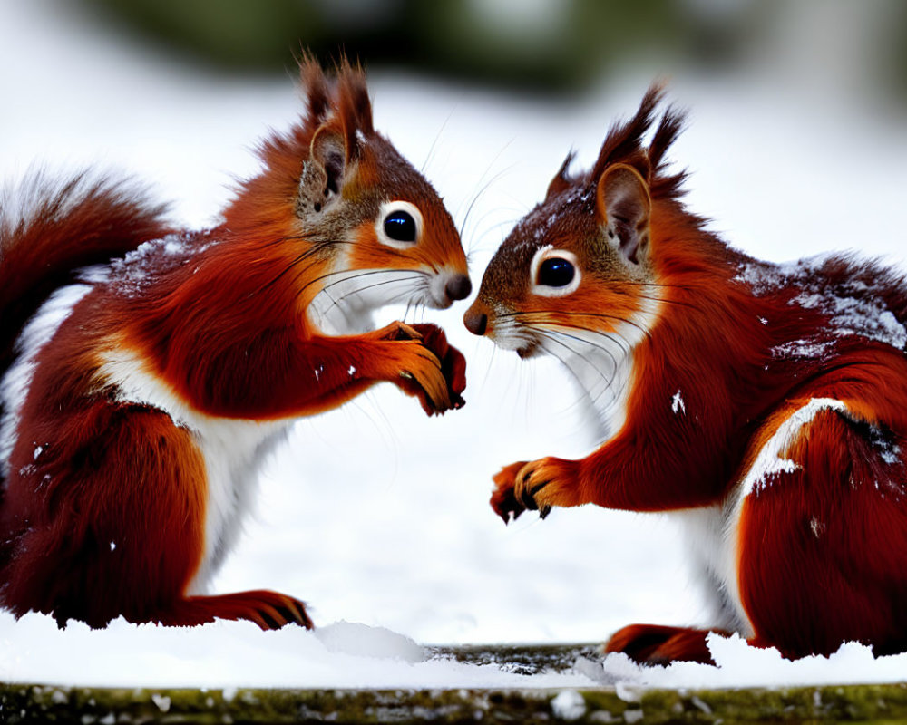 Red squirrels on snow-covered surface with snowflakes.