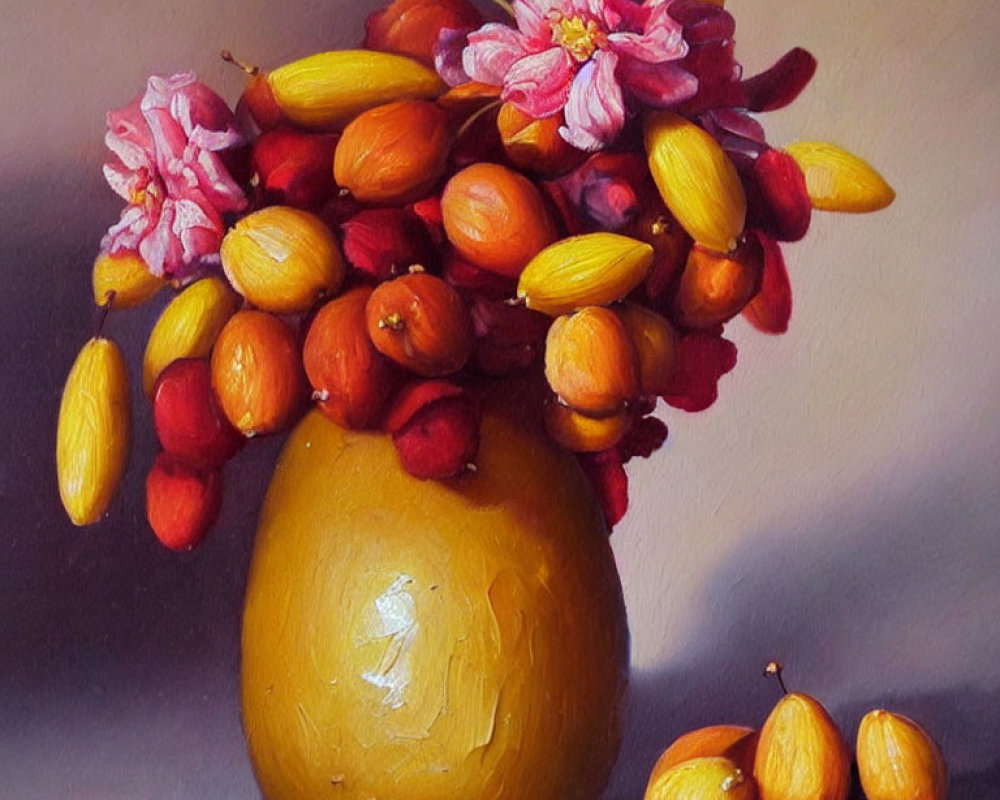 Yellow Vase with Red and Yellow Fruits in Oil Painting