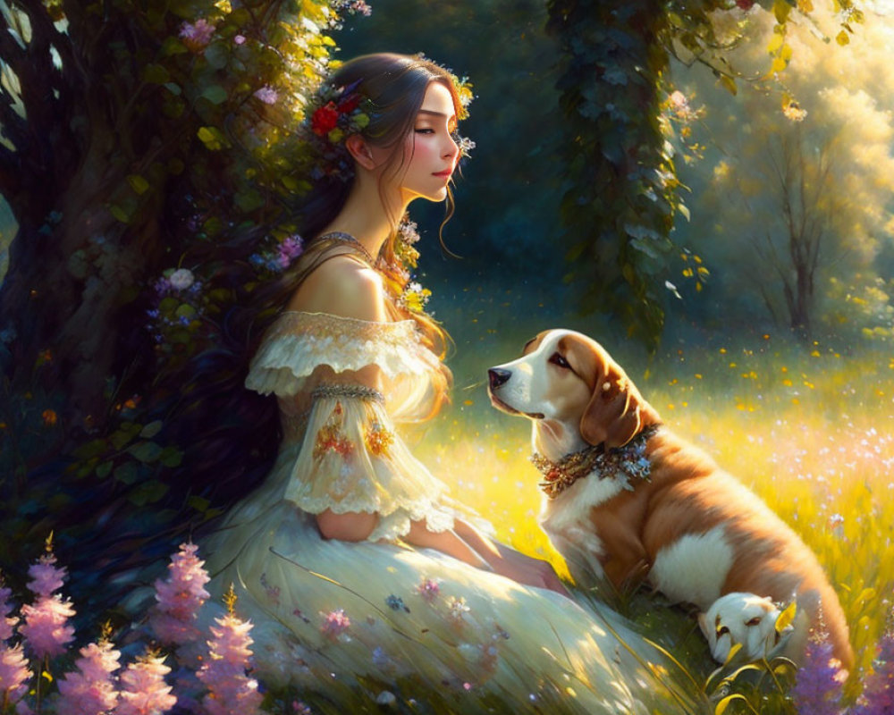 Tranquil scene: woman and dog in flower-filled glade