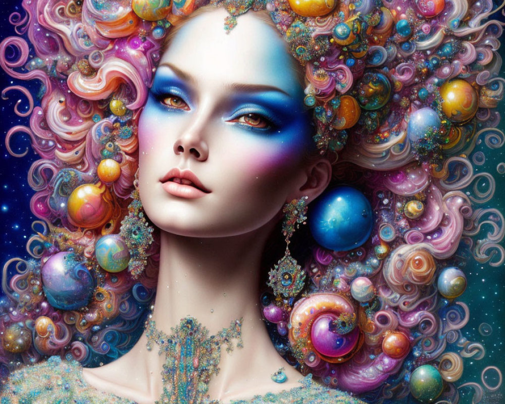 Surreal portrait of woman with cosmic-themed makeup and hair intertwined with galaxies, stars, and planets