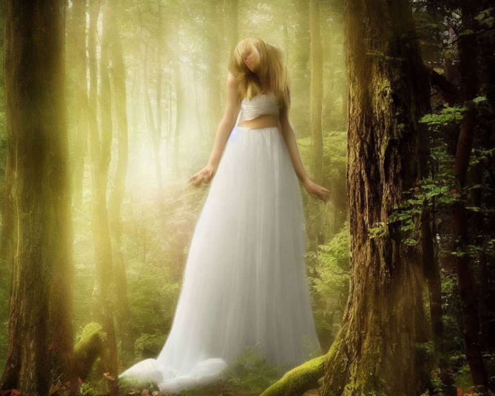 Woman in White Dress Contemplating in Sunlit Forest