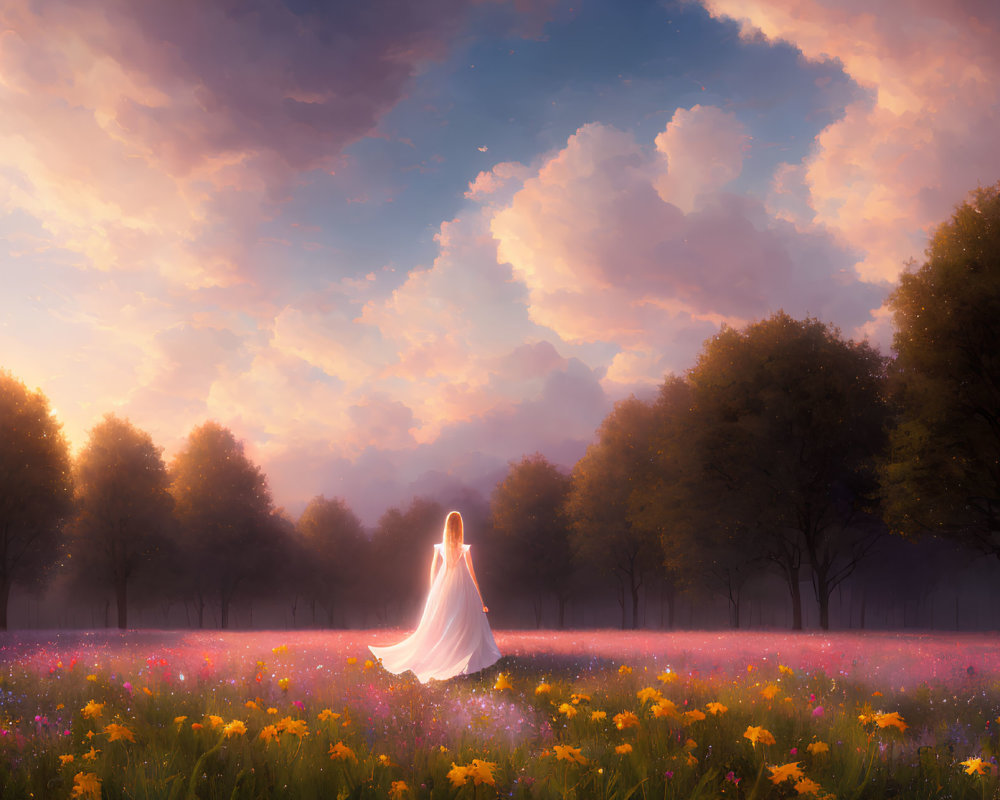 Person in White Cloak Walking Through Vibrant Flower Field at Majestic Sunset