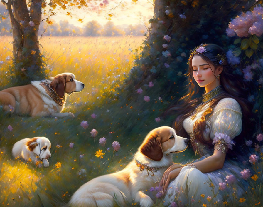 Woman with Three Dogs in Sunlit Meadow with Flowers