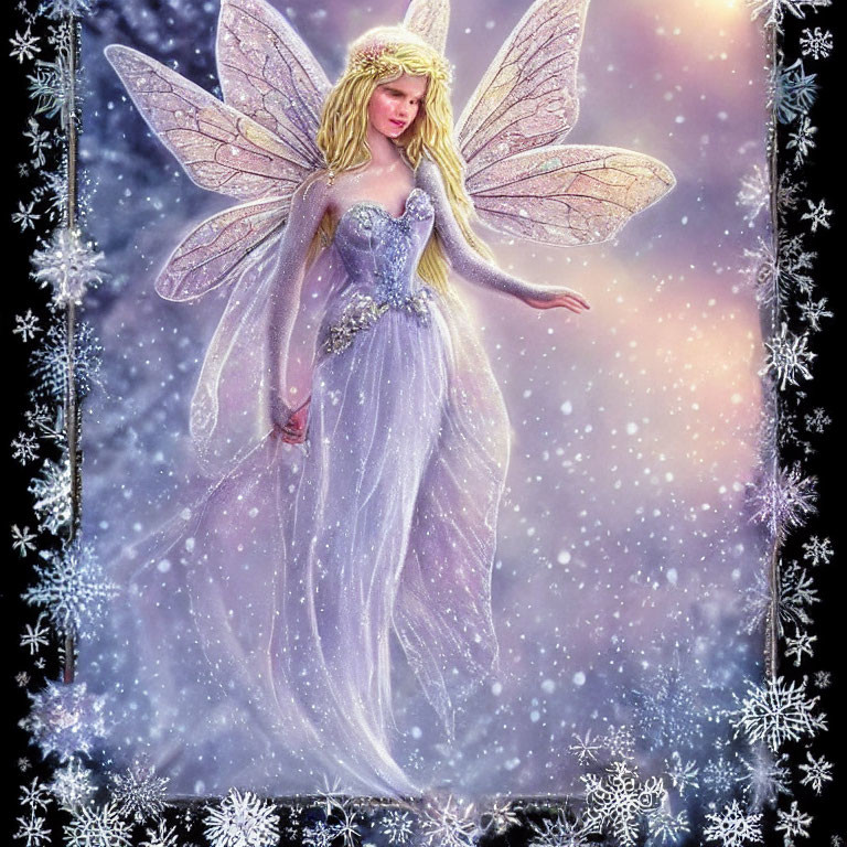 Blonde fantasy fairy with translucent wings in a snowy, starry scene