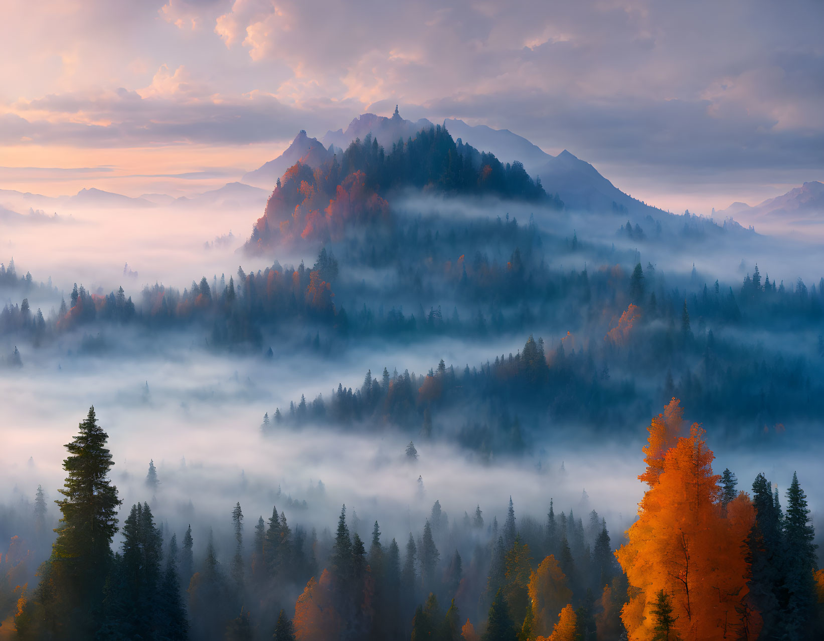 Serene sunrise landscape with fog, forest, autumn trees, mountains