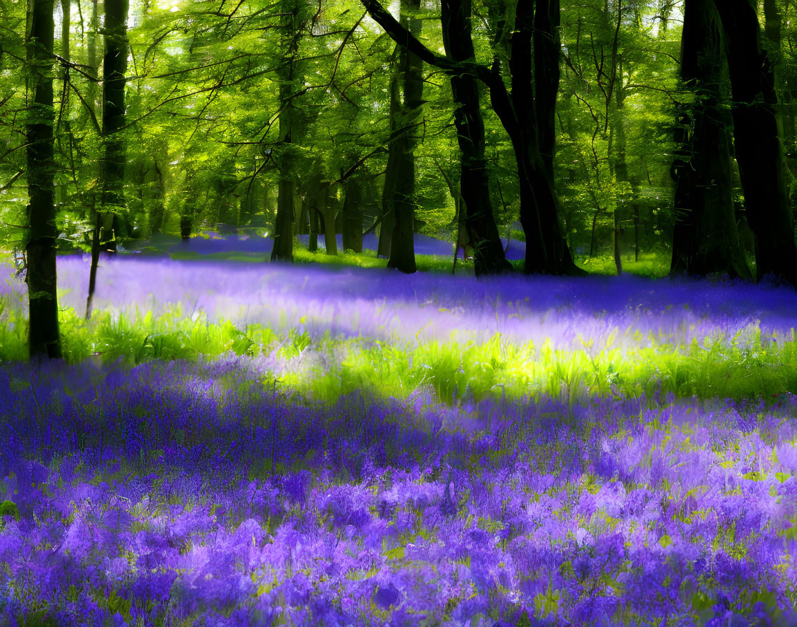 Lush Forest with Purple Flowers in Dappled Sunlight