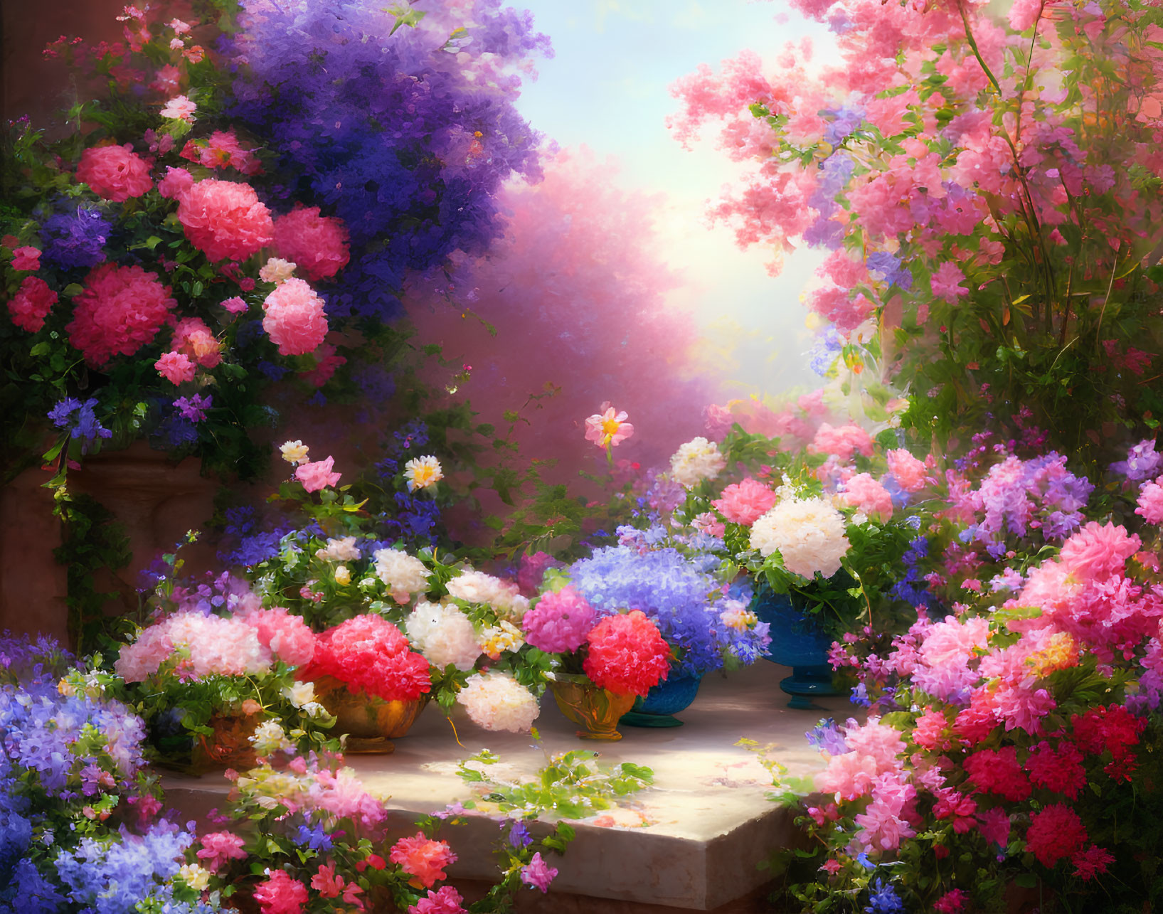 Colorful Garden Painting with Hydrangeas and Daisies in Soft Sunlight