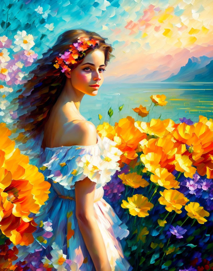 Colorful painting of woman with flowers, sunset, and mountains