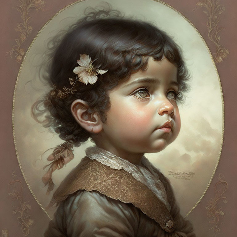 Child with Curly Hair and White Flower Portrait on Sepia Background