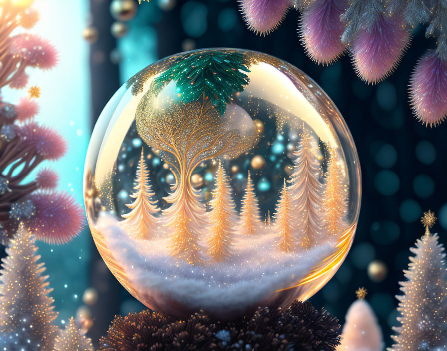 Fantastical digital artwork with translucent sphere and snowy landscape