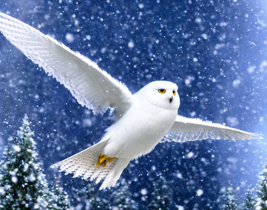 Snowy owl flying in snowfall with pine trees under wintry sky