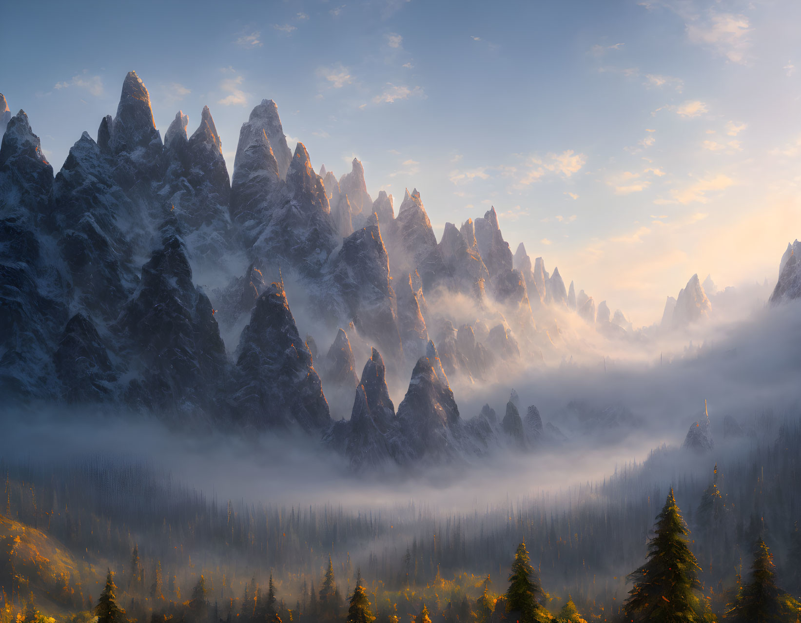 Majestic mountain range with sharp peaks in golden sunrise mist.