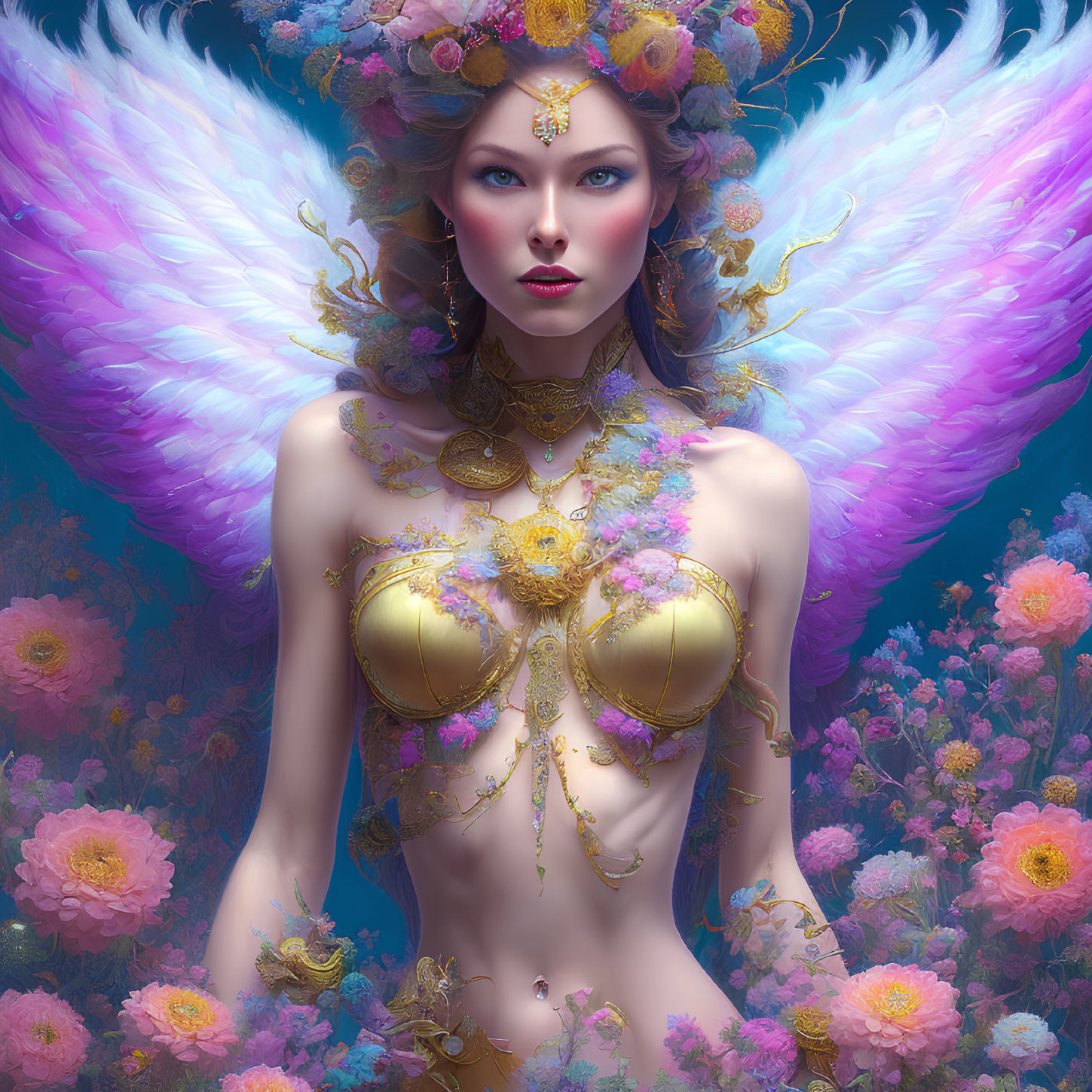 Fantastical female figure with iridescent wings and golden jewelry among colorful flowers