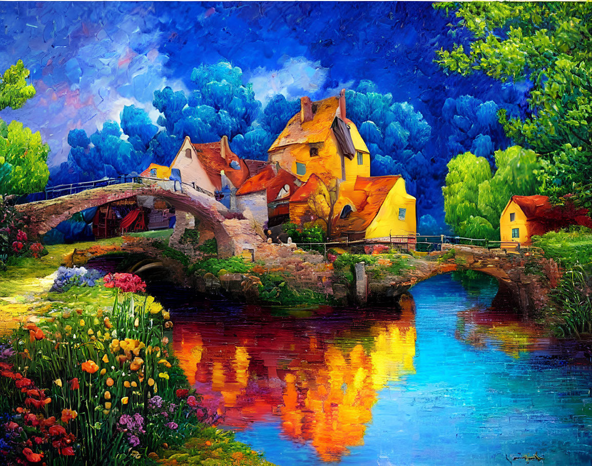 Colorful Impressionistic Painting of Quaint Village Scene