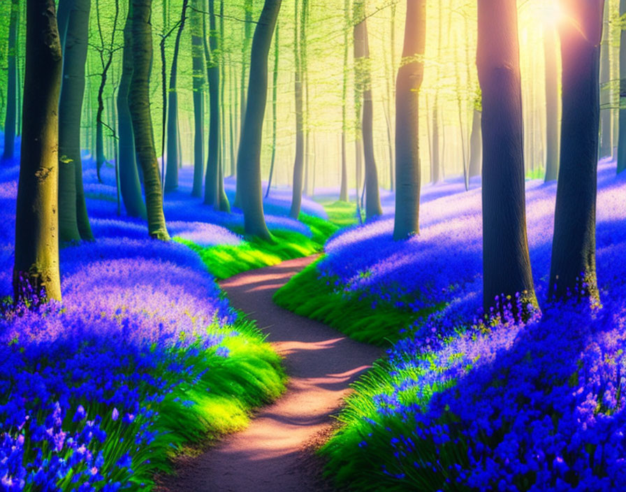 Scenic forest path with purple-blue wildflowers and tall trees