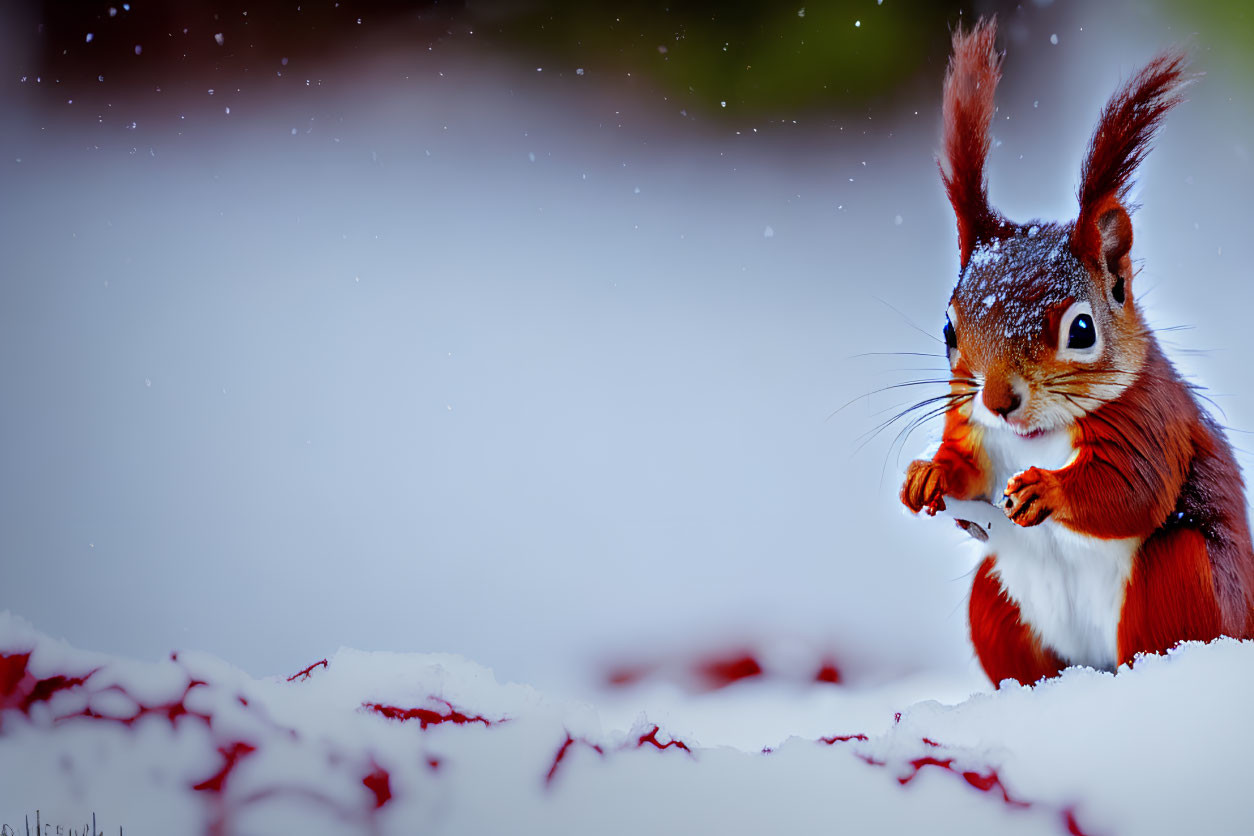 Red squirrel in snow with falling snowflakes