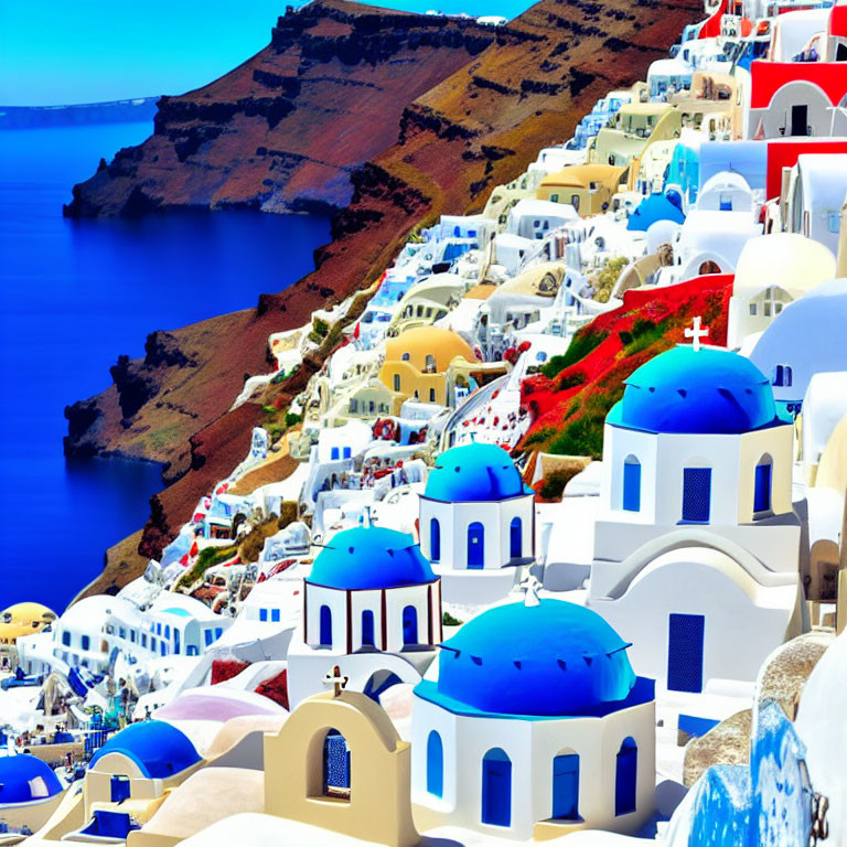 Iconic Santorini, Greece: Blue-domed churches, white buildings, Aegean Sea