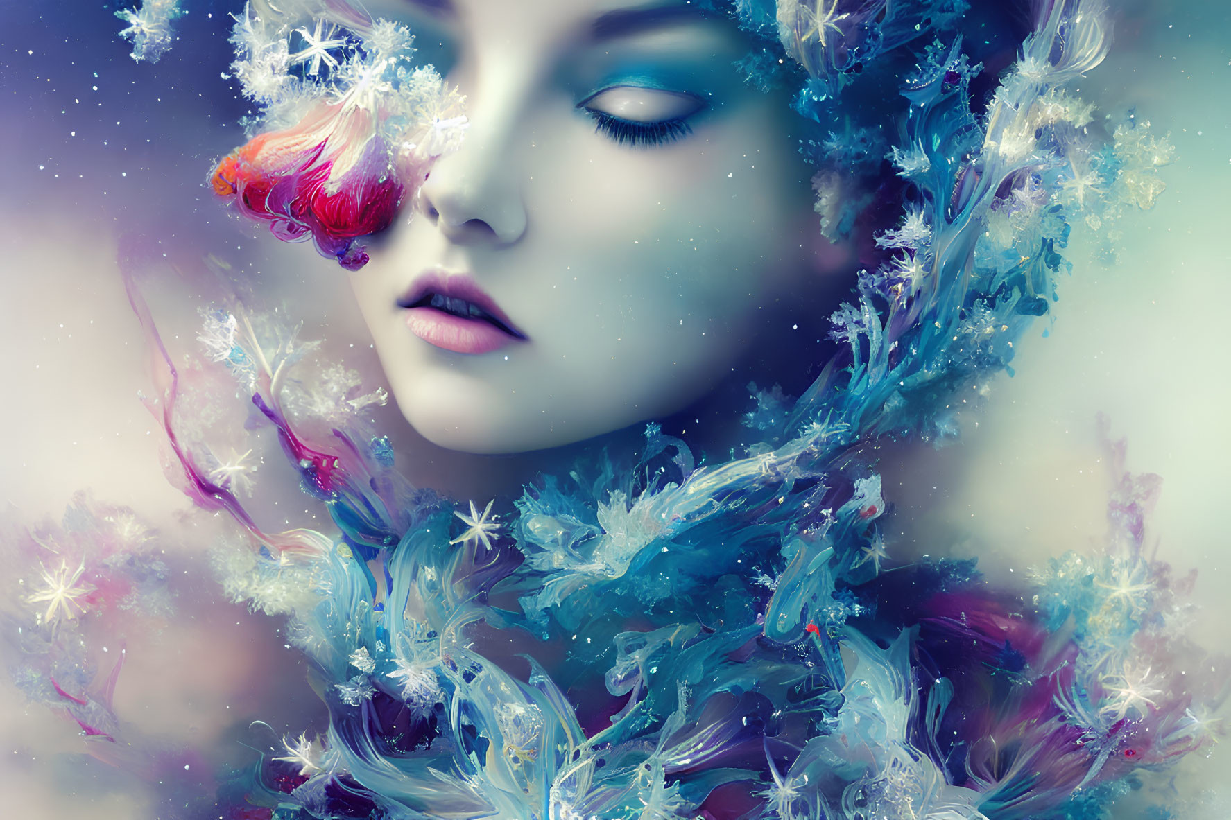 Blue-skinned woman portrait with crystal botanical elements and snowflakes for a surreal winter fantasy theme