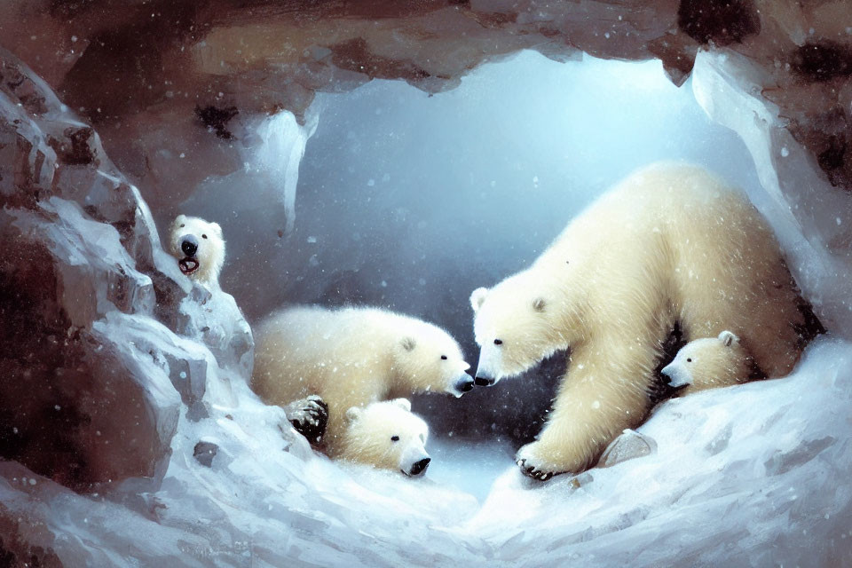 Polar bear family in snowy den with mother and cubs playing under sky