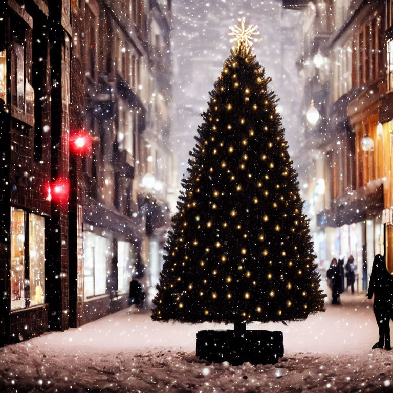 Snow-covered city street with illuminated Christmas tree at night