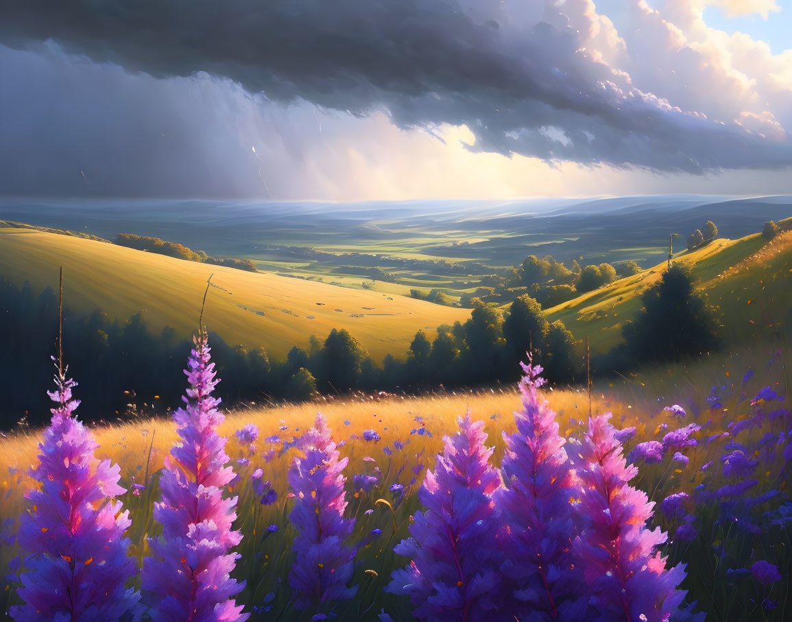 Colorful landscape painting of purple flowers under dramatic sky