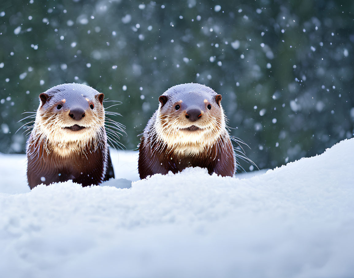 Brown and White Otters in Snowy Scene with Falling Snowflakes