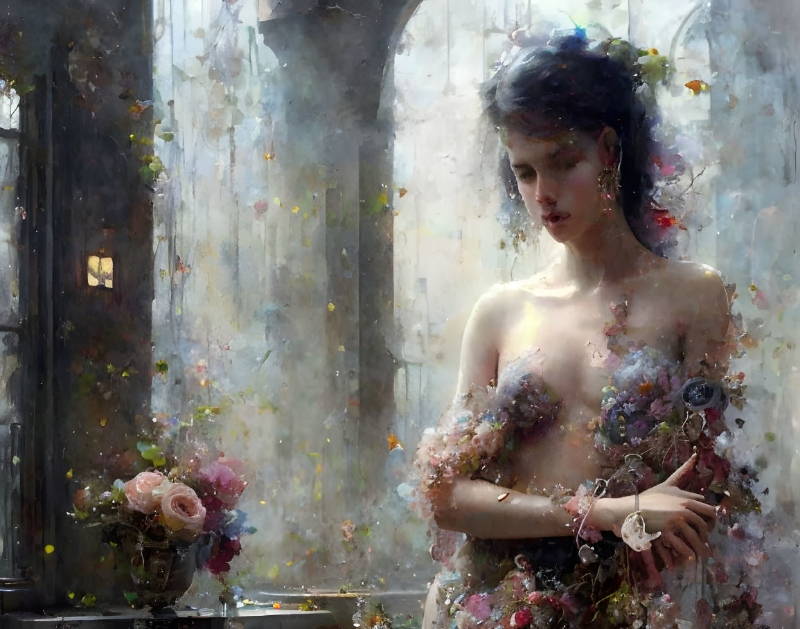 Woman surrounded by flowers with contemplative expression near misty window.