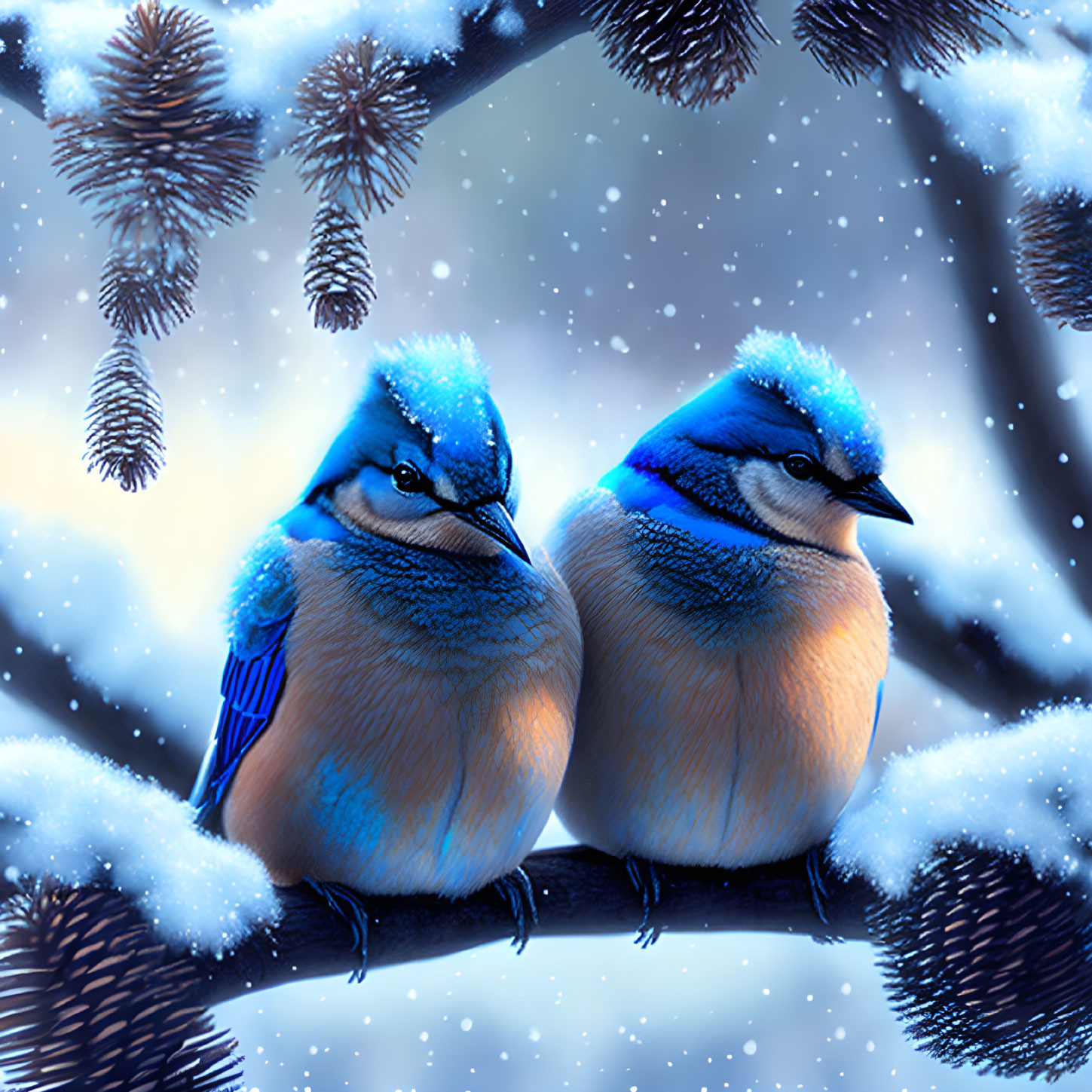 Vibrant blue jays on snowy branch with pine cones in winter landscape