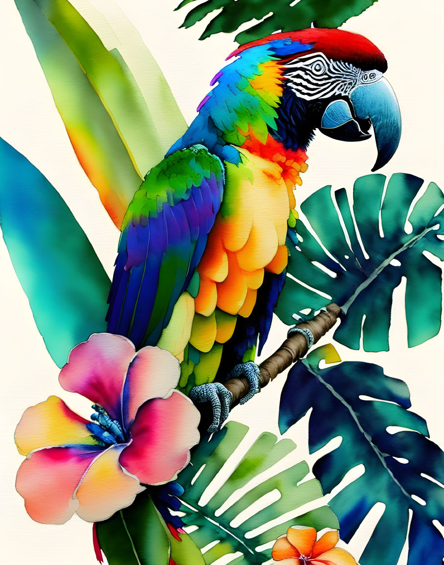 Colorful Parrot Perched on Branch Amid Tropical Foliage