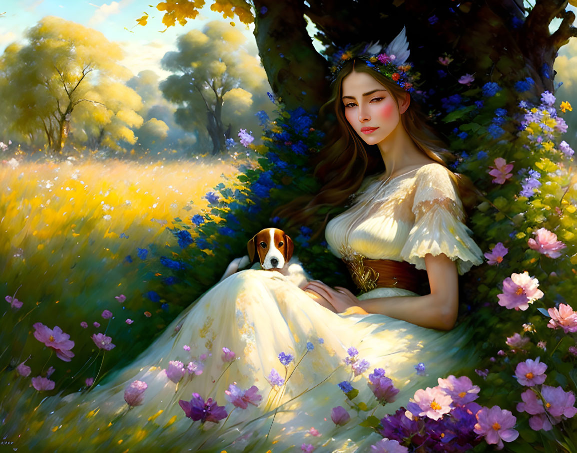 Woman in white dress with beagle in field of wildflowers and trees.