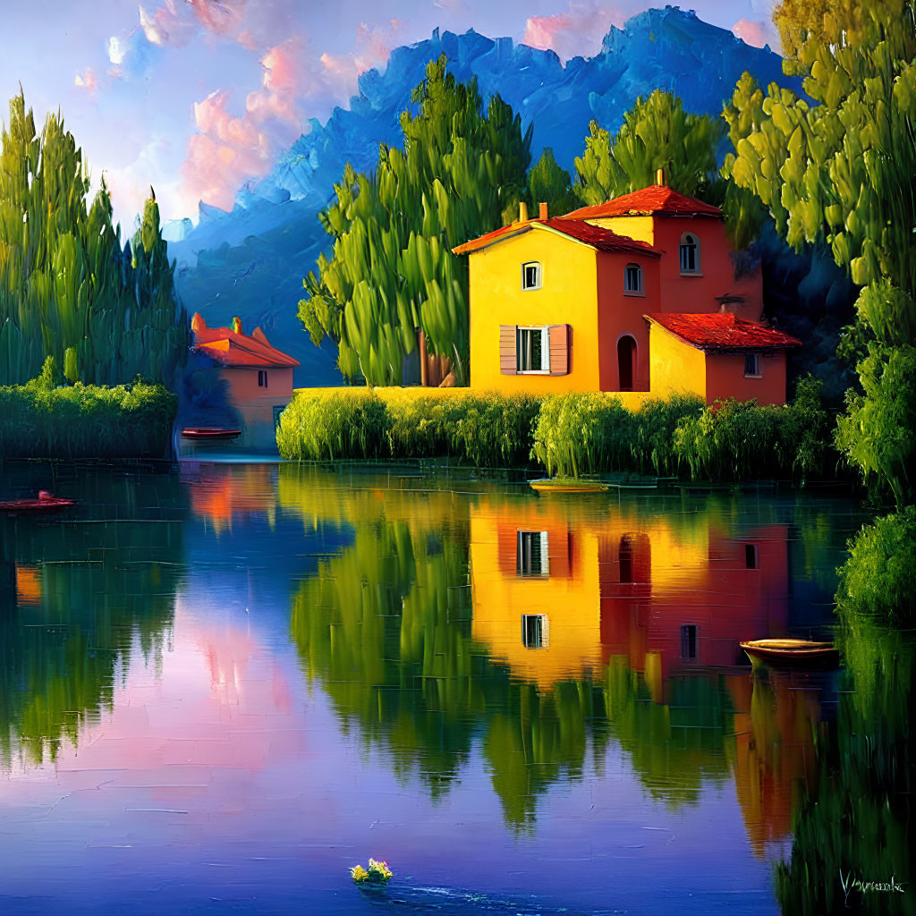 Scenic painting of Mediterranean houses by tranquil lake