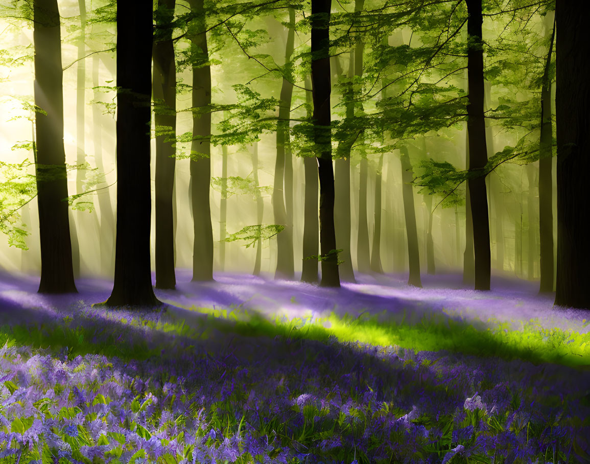 Sunlit Forest with Tall Trees, Rays of Light, and Purple Flowers