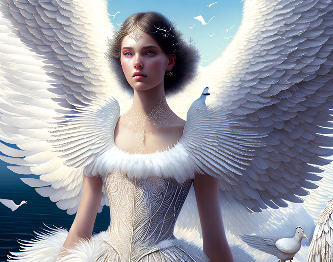 Digital Artwork: Woman with Angelic Wings and Birds in Ornate Dress