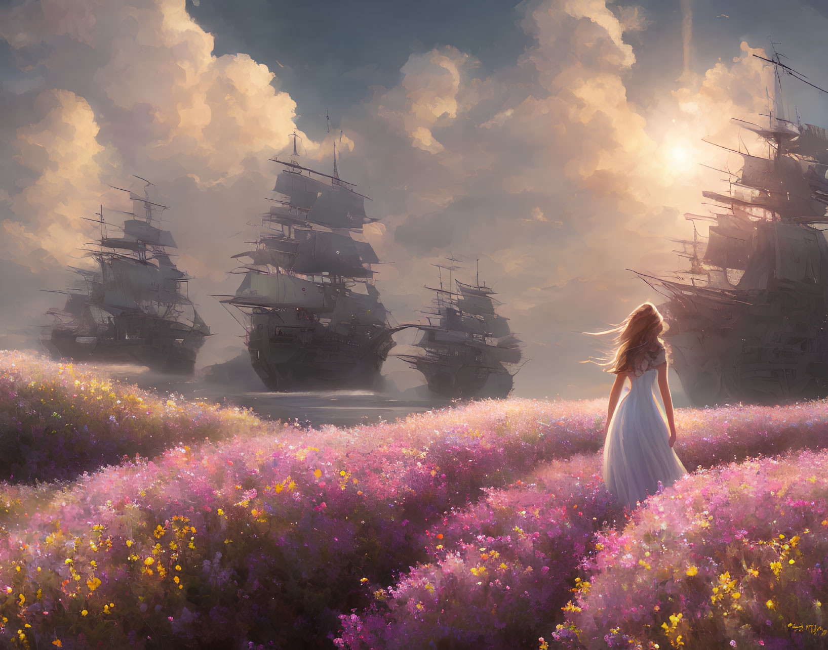 Woman in white dress in pink flower field watching tall ships under luminous sky