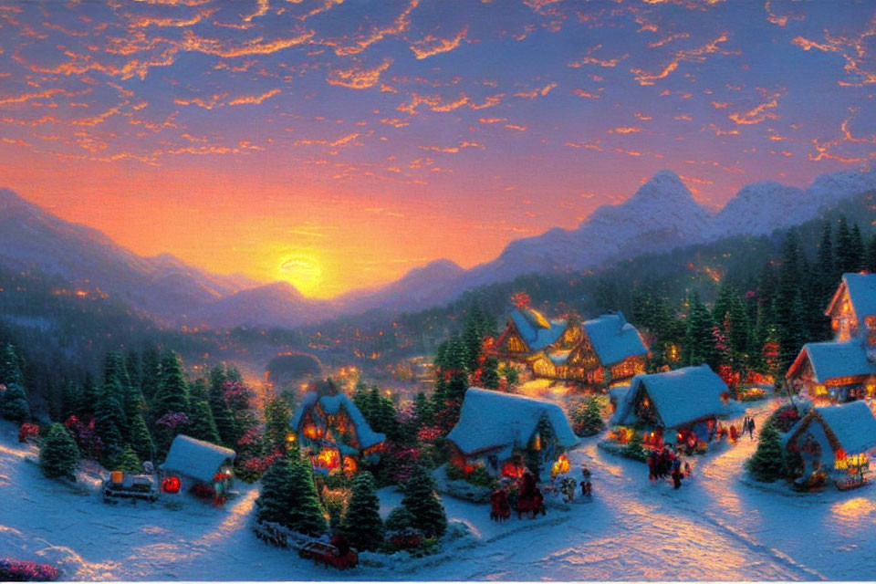 Winter Village Sunset: Snowy Houses, Vibrant Sky, Mountains