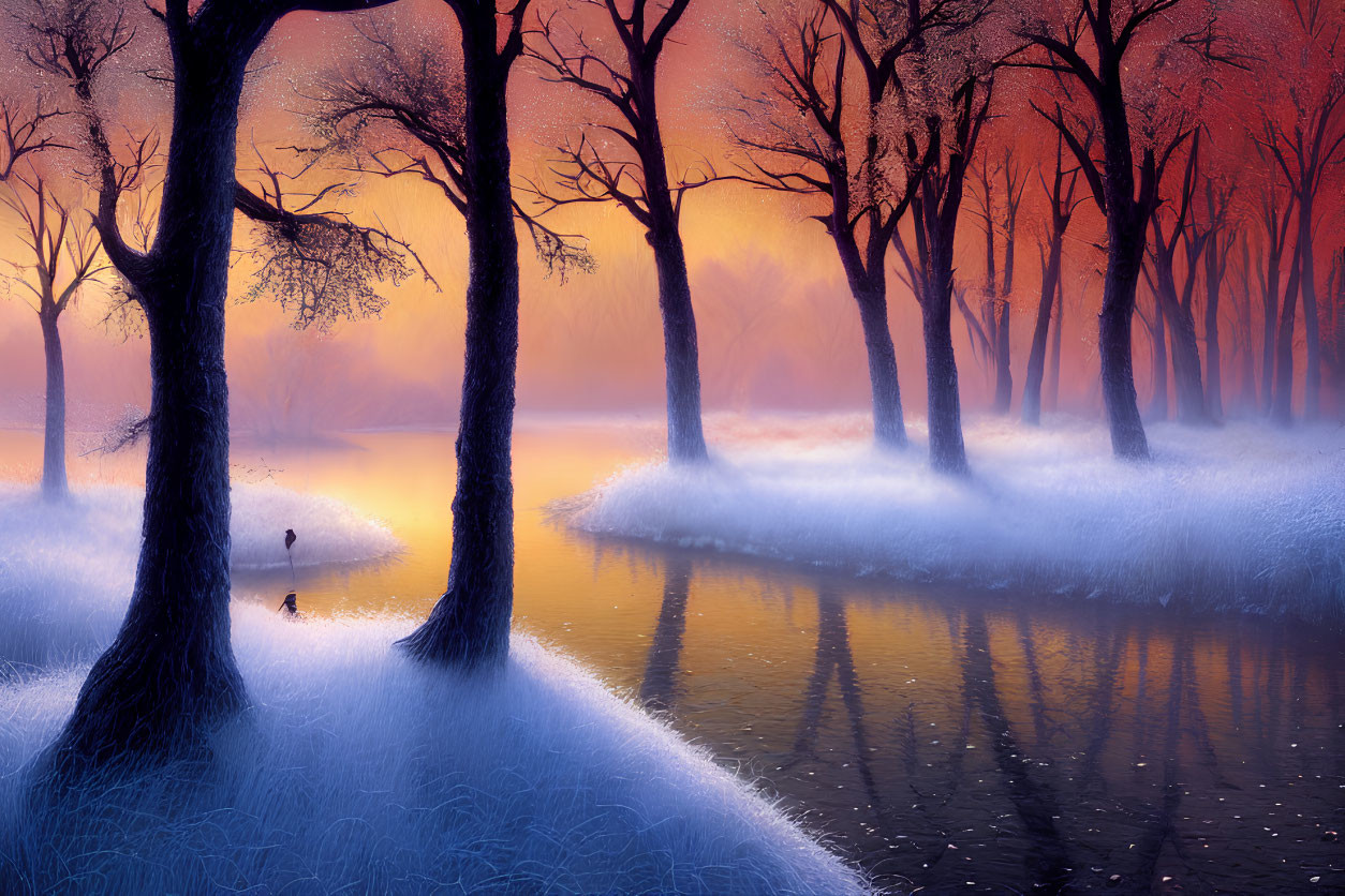 Winter Dusk Scene: Bare Trees, Reflective River, Frosted Grass